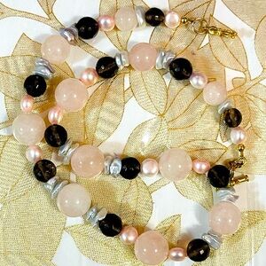 Lee Sand Necklace Pink Smoky Quarts Gemstone Natural Pearl 18”